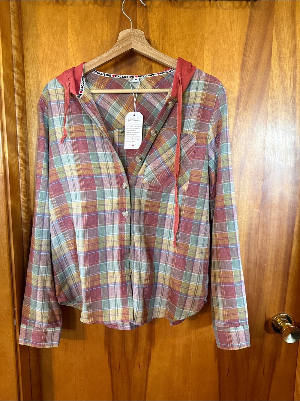 Plaid Button-Down Hooded Shirt in Rust and Cream